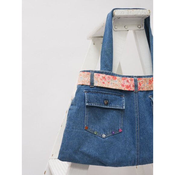 Rework Denim Tote Shoulder Bag With Cute Flower Belt - Picture 5 of 7